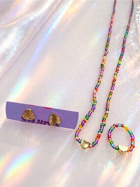 Handmade Rainbow Pride 58” Necklace & Ring Set + Free Earrings 36”